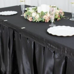 21FT Satin Table Skirt, Glossy Pleated Table Drape -Home Decor Promotional Store SKT STN BLK 21 D02