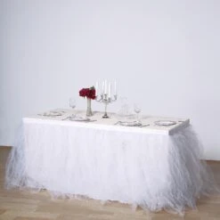 14 FT - 4 Layer Tulle Tutu Pleated Table Skirts -Home Decor Promotional Store SKT T01 WHT 14 01