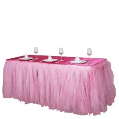 14 FT Two Layered Pleated Tulle Tutu Table Skirt With Satin Edge -Home Decor Promotional Store SKT T03 PINK 14 99