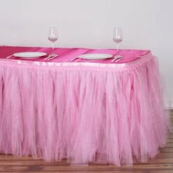 17 FT Two Layered Pleated Tulle Tutu Table Skirt With Satin Edge -Home Decor Promotional Store SKT T03 PINK 17 D01