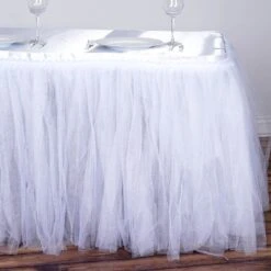 17 FT Two Layered Pleated Tulle Tutu Table Skirt With Satin Edge -Home Decor Promotional Store SKT T03 WHT 17 D01