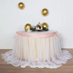 17FT Extra Long 48" Two Layered Tulle & Satin Table Skirt -Home Decor Promotional Store SKT T04 WHT CHMP 17 D25