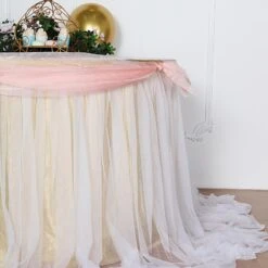 17FT Extra Long 48" Two Layered Tulle & Satin Table Skirt -Home Decor Promotional Store SKT T04 WHT CHMP 17 D26