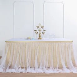 17FT Extra Long 48" Two Layered Tulle & Satin Table Skirt -Home Decor Promotional Store SKT T04 WHT CHMP 17 02
