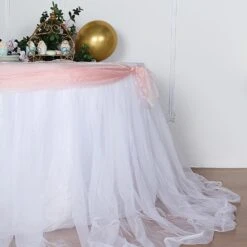 14FT Extra Long 48" Two Layered Tulle & Satin Table Skirt -Home Decor Promotional Store SKT T04 WHT WHT 14 D21