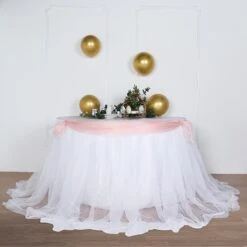 14FT Extra Long 48" Two Layered Tulle & Satin Table Skirt -Home Decor Promotional Store SKT T04 WHT WHT 14 02