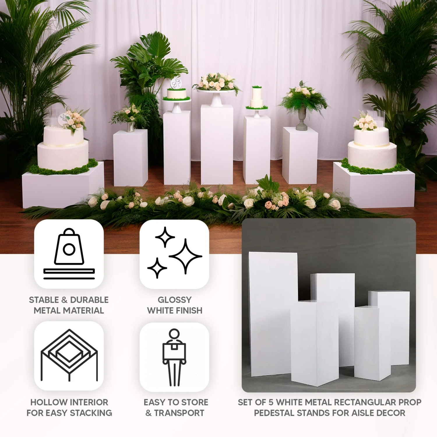 Set Of 5 White Metal Rectangular Prop Pedestal Stands For Aisle Decor, Plinth Pillar Display Boxes 2 Set Of 5 White Metal Rectangular Prop Pedestal Stands For Aisle Decor, Plinth Pillar Display Boxes - Image 2