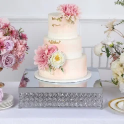 Square Crystal Beaded Metal Pedestal Riser, Dessert Display Stand 16” -Home Decor Promotional Store Silver Square Crystal Beaded Metal Cake Stand