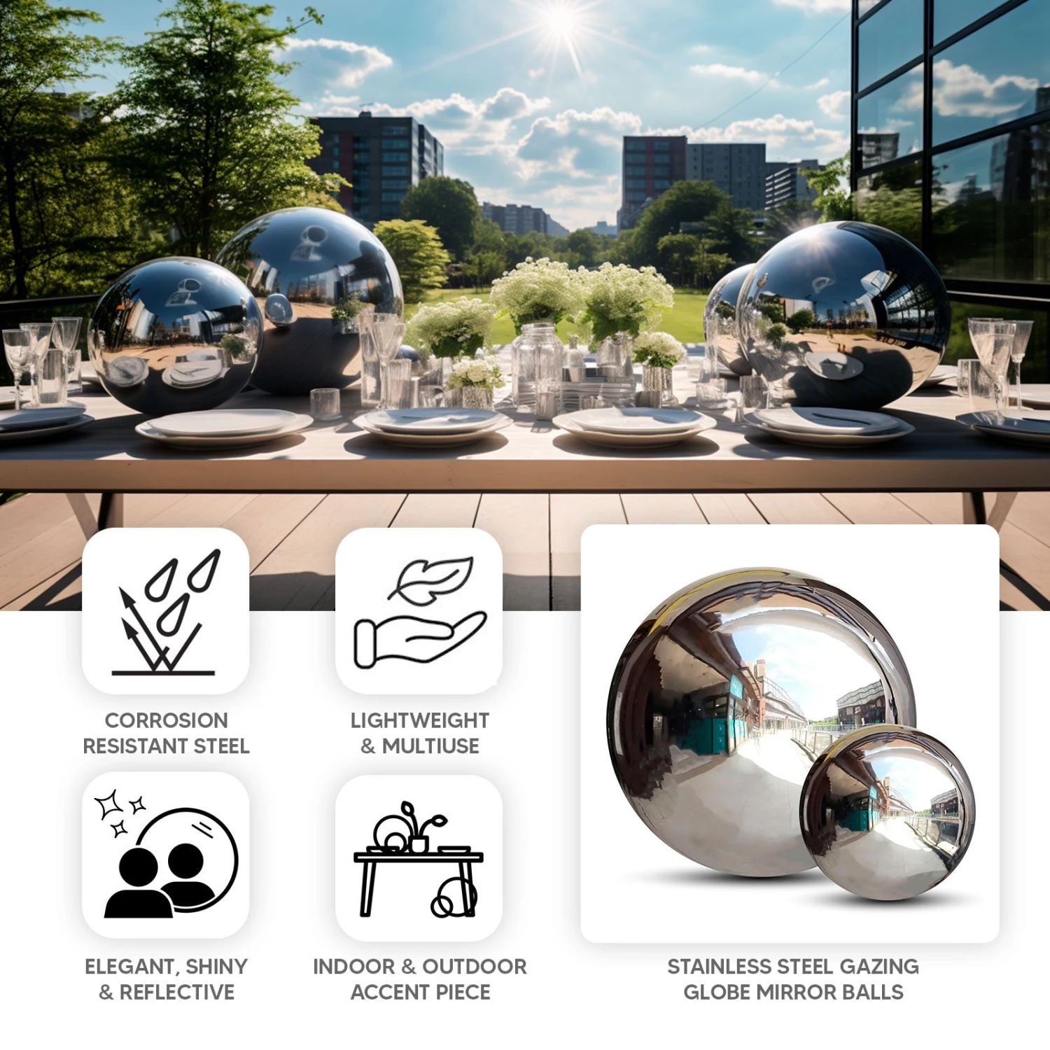 Silver Stainless Steel Gazing Globe Mirror Ball, Reflective Shiny Hollow Garden Spheres 2 Silver Stainless Steel Gazing Globe Mirror Ball, Reflective Shiny Hollow Garden Spheres - Image 2