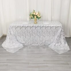 Wave Mesh Rectangular Tablecloth With Embroidered Sequins 90"x156" -Home Decor Promotional Store Silver Wave Embroidered Seamless Sequin Rectangle Tablecloth