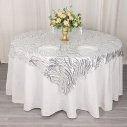 Wave Mesh Square Table Overlay With Embroidered Sequins 72"x72" -Home Decor Promotional Store Silver Wave Embroidered Sequin Table Overlay
