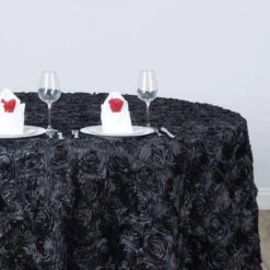 120" Grandiose 3D Rosette Satin Round Tablecloth -Home Decor Promotional Store TAB 01 120 BLK 02