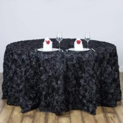 120" Grandiose 3D Rosette Satin Round Tablecloth -Home Decor Promotional Store TAB 01 120 BLK 02 min