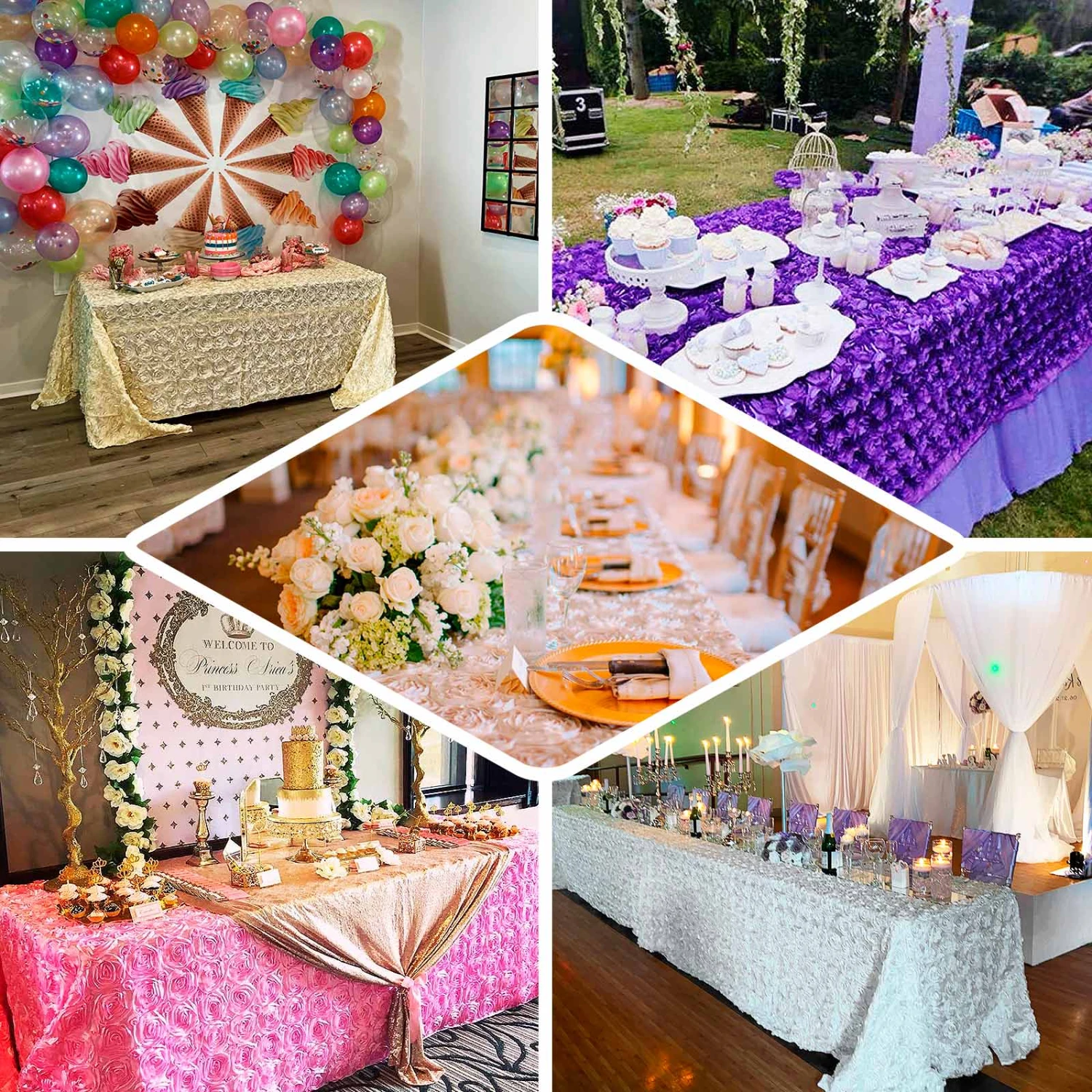 90"X132" Grandiose 3D Rosette Satin Rectangle Tablecloth 3 90"X132" Grandiose 3D Rosette Satin Rectangle Tablecloth - Image 3