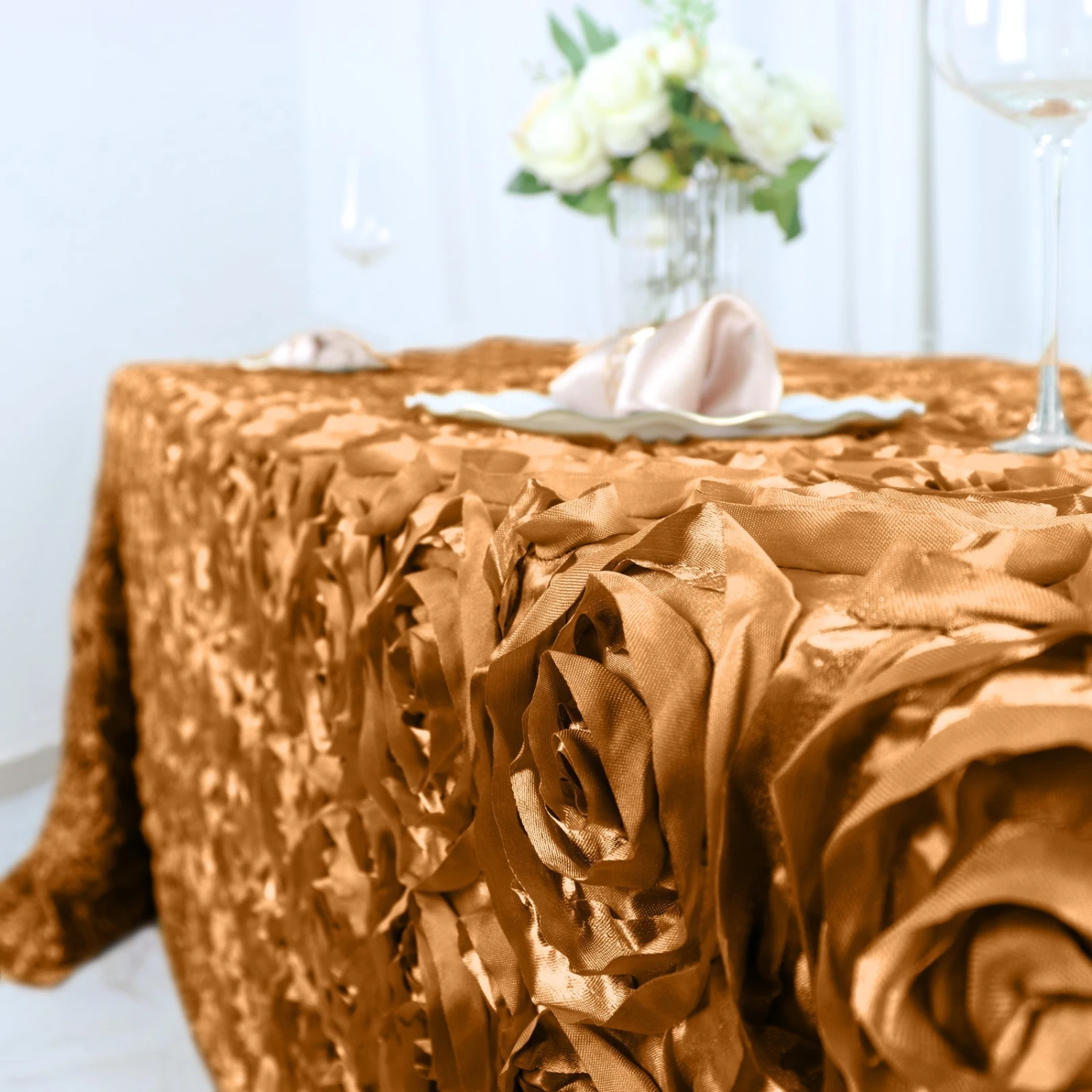 90"X132" Grandiose 3D Rosette Satin Rectangle Tablecloth 4 90"X132" Grandiose 3D Rosette Satin Rectangle Tablecloth - Image 4