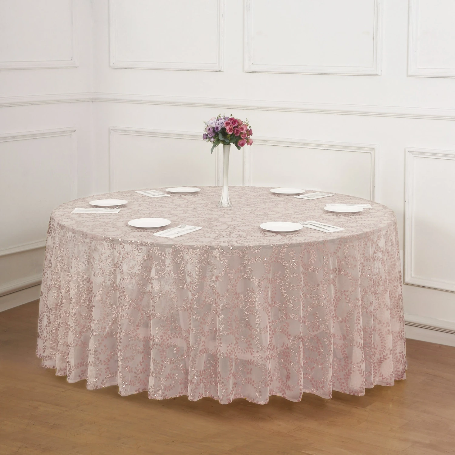 120" Sequin Leaf Embroidered Seamless Tulle Round Tablecloth, Sheer Table Overlay 10 120" Sequin Leaf Embroidered Seamless Tulle Round Tablecloth, Sheer Table Overlay - Image 10