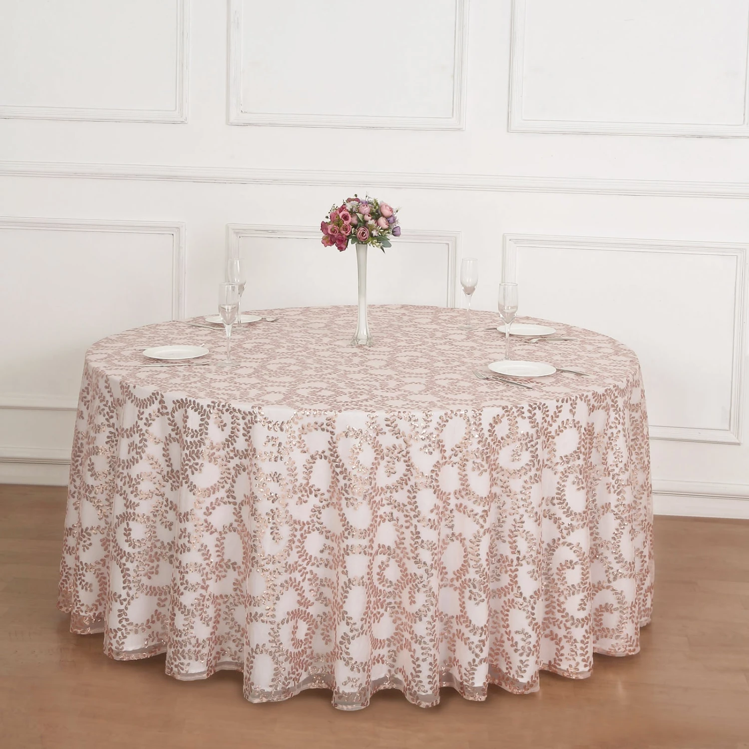 120" Sequin Leaf Embroidered Seamless Tulle Round Tablecloth, Sheer Table Overlay 3 120" Sequin Leaf Embroidered Seamless Tulle Round Tablecloth, Sheer Table Overlay - Image 3