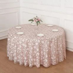 120" Sequin Leaf Embroidered Seamless Tulle Round Tablecloth, Sheer Table Overlay 30 120" Sequin Leaf Embroidered Seamless Tulle Round Tablecloth, Sheer Table Overlay -Home Decor Promotional Store TAB 02 FLOR 120 054 02
