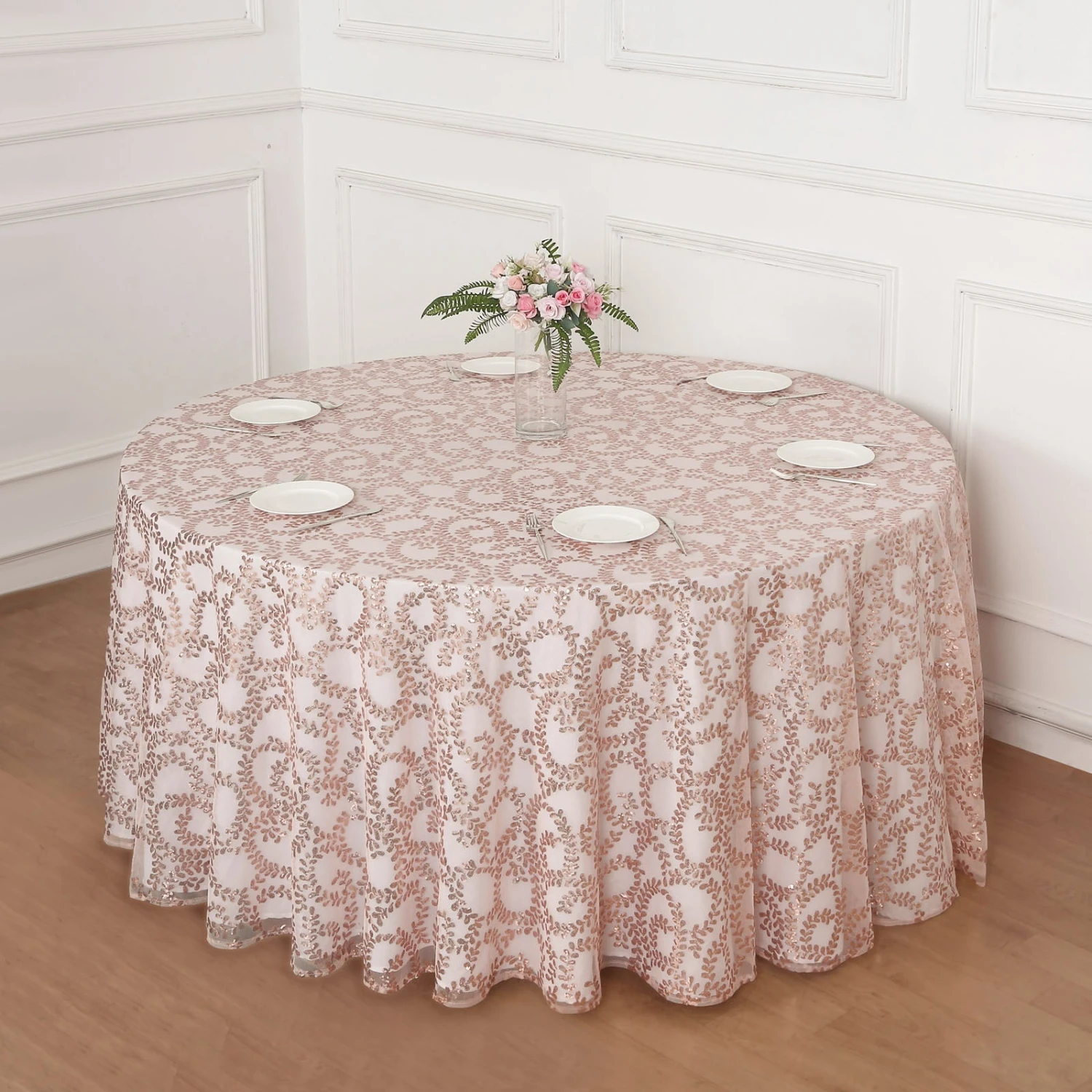 120" Sequin Leaf Embroidered Seamless Tulle Round Tablecloth, Sheer Table Overlay 11 120" Sequin Leaf Embroidered Seamless Tulle Round Tablecloth, Sheer Table Overlay - Image 11
