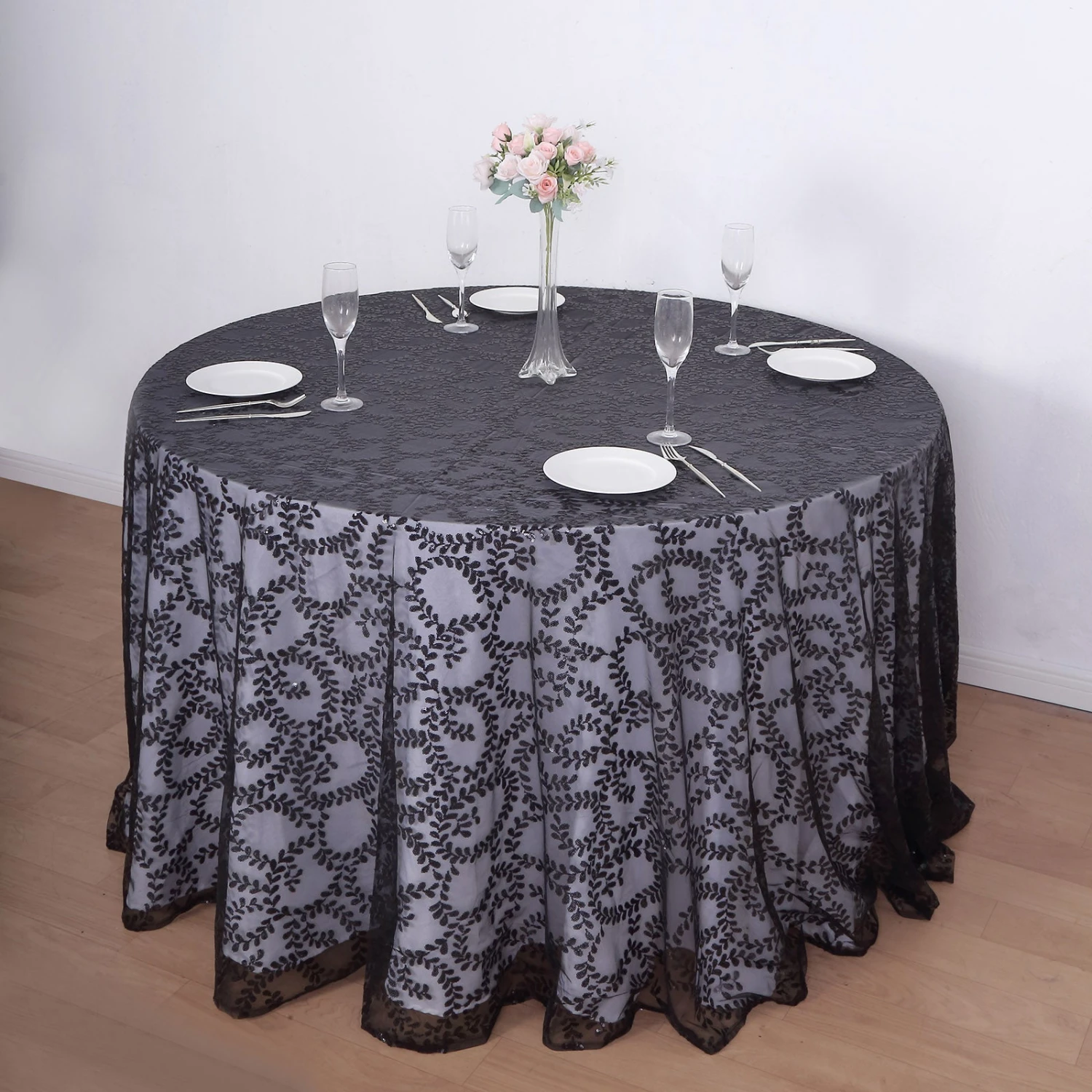 120" Sequin Leaf Embroidered Seamless Tulle Round Tablecloth, Sheer Table Overlay 20 120" Sequin Leaf Embroidered Seamless Tulle Round Tablecloth, Sheer Table Overlay - Image 20