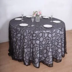 120" Sequin Leaf Embroidered Seamless Tulle Round Tablecloth, Sheer Table Overlay 37 120" Sequin Leaf Embroidered Seamless Tulle Round Tablecloth, Sheer Table Overlay -Home Decor Promotional Store TAB 02 FLOR 120 BLK 02