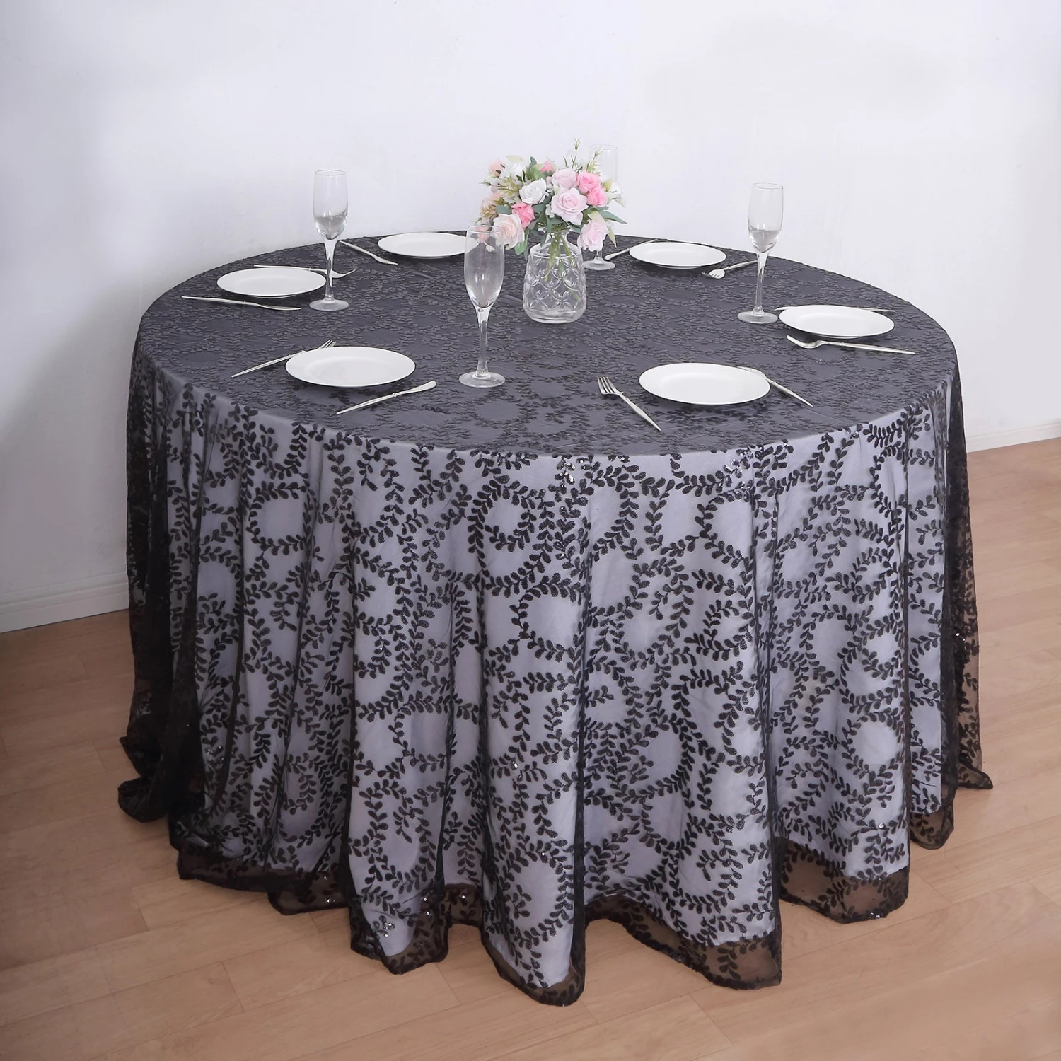 120" Sequin Leaf Embroidered Seamless Tulle Round Tablecloth, Sheer Table Overlay 18 120" Sequin Leaf Embroidered Seamless Tulle Round Tablecloth, Sheer Table Overlay - Image 18