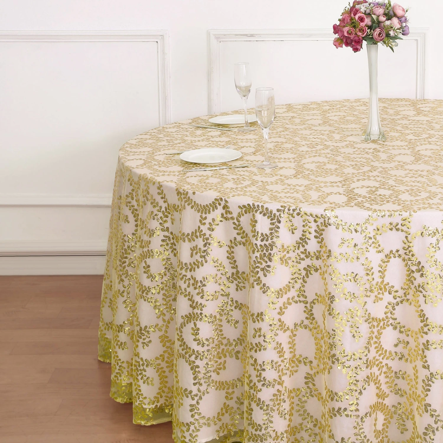 120" Sequin Leaf Embroidered Seamless Tulle Round Tablecloth, Sheer Table Overlay 2 120" Sequin Leaf Embroidered Seamless Tulle Round Tablecloth, Sheer Table Overlay - Image 2