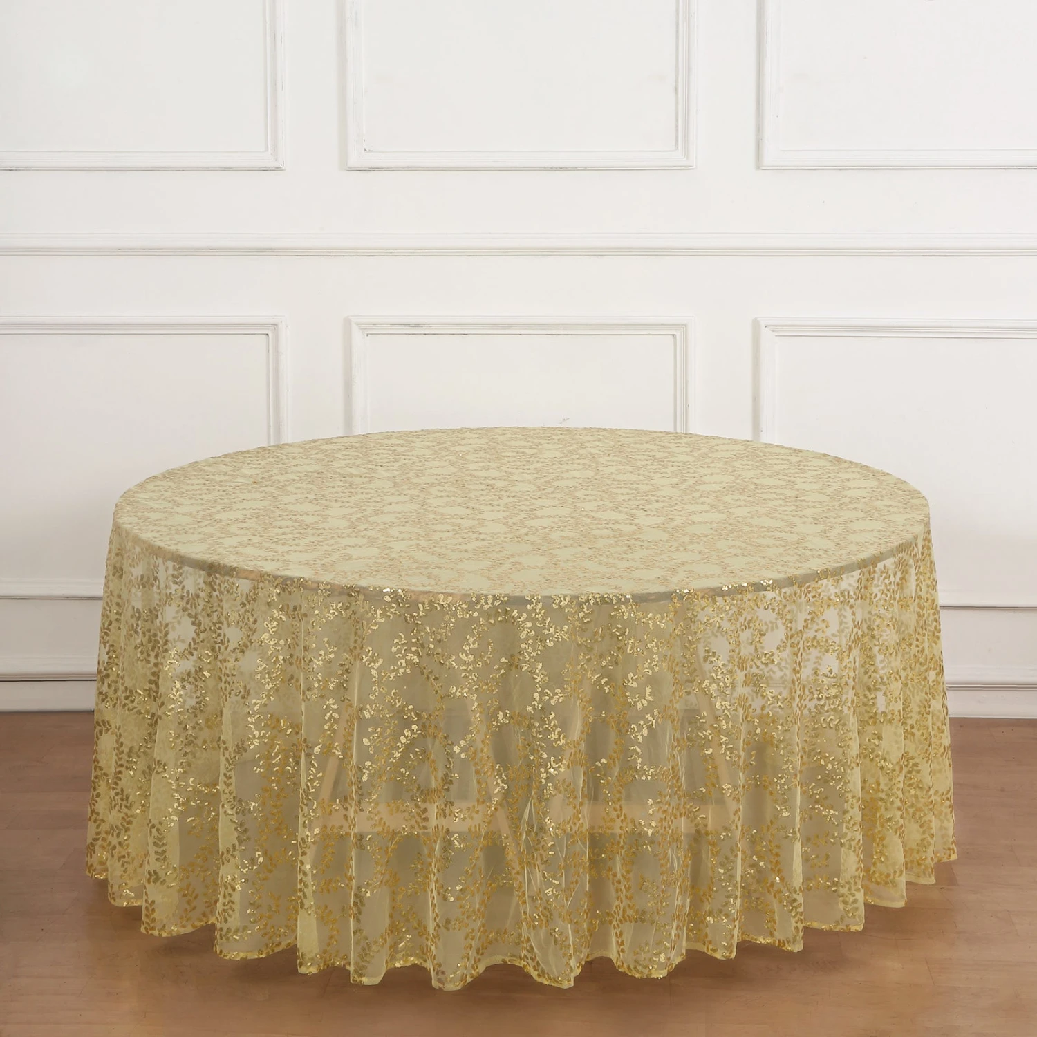 120" Sequin Leaf Embroidered Seamless Tulle Round Tablecloth, Sheer Table Overlay 4 120" Sequin Leaf Embroidered Seamless Tulle Round Tablecloth, Sheer Table Overlay - Image 4