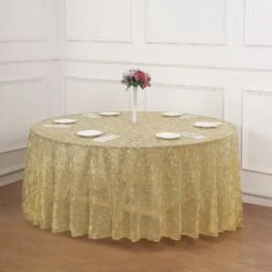 120" Sequin Leaf Embroidered Seamless Tulle Round Tablecloth, Sheer Table Overlay 25 120" Sequin Leaf Embroidered Seamless Tulle Round Tablecloth, Sheer Table Overlay -Home Decor Promotional Store TAB 02 FLOR 120 GOLD D07
