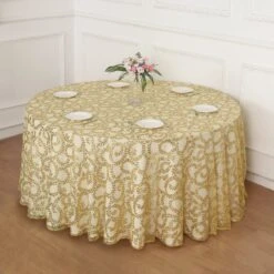 120" Sequin Leaf Embroidered Seamless Tulle Round Tablecloth, Sheer Table Overlay 26 120" Sequin Leaf Embroidered Seamless Tulle Round Tablecloth, Sheer Table Overlay -Home Decor Promotional Store TAB 02 FLOR 120 GOLD 02
