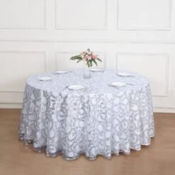 120" Sequin Leaf Embroidered Seamless Tulle Round Tablecloth, Sheer Table Overlay