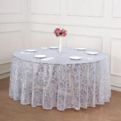 120" Sequin Leaf Embroidered Seamless Tulle Round Tablecloth, Sheer Table Overlay 33 120" Sequin Leaf Embroidered Seamless Tulle Round Tablecloth, Sheer Table Overlay -Home Decor Promotional Store TAB 02 FLOR 120 SILV D07