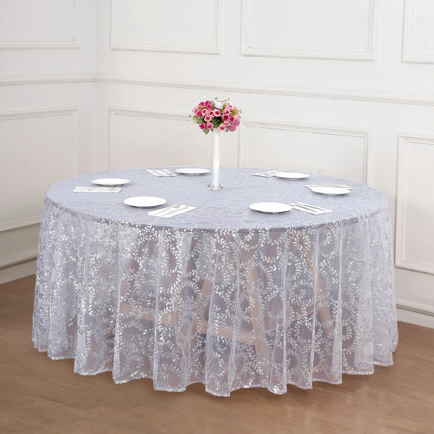 120" Sequin Leaf Embroidered Seamless Tulle Round Tablecloth, Sheer Table Overlay 14 120" Sequin Leaf Embroidered Seamless Tulle Round Tablecloth, Sheer Table Overlay - Image 14