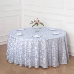 120" Sequin Leaf Embroidered Seamless Tulle Round Tablecloth, Sheer Table Overlay 34 120" Sequin Leaf Embroidered Seamless Tulle Round Tablecloth, Sheer Table Overlay -Home Decor Promotional Store TAB 02 FLOR 120 SILV 02