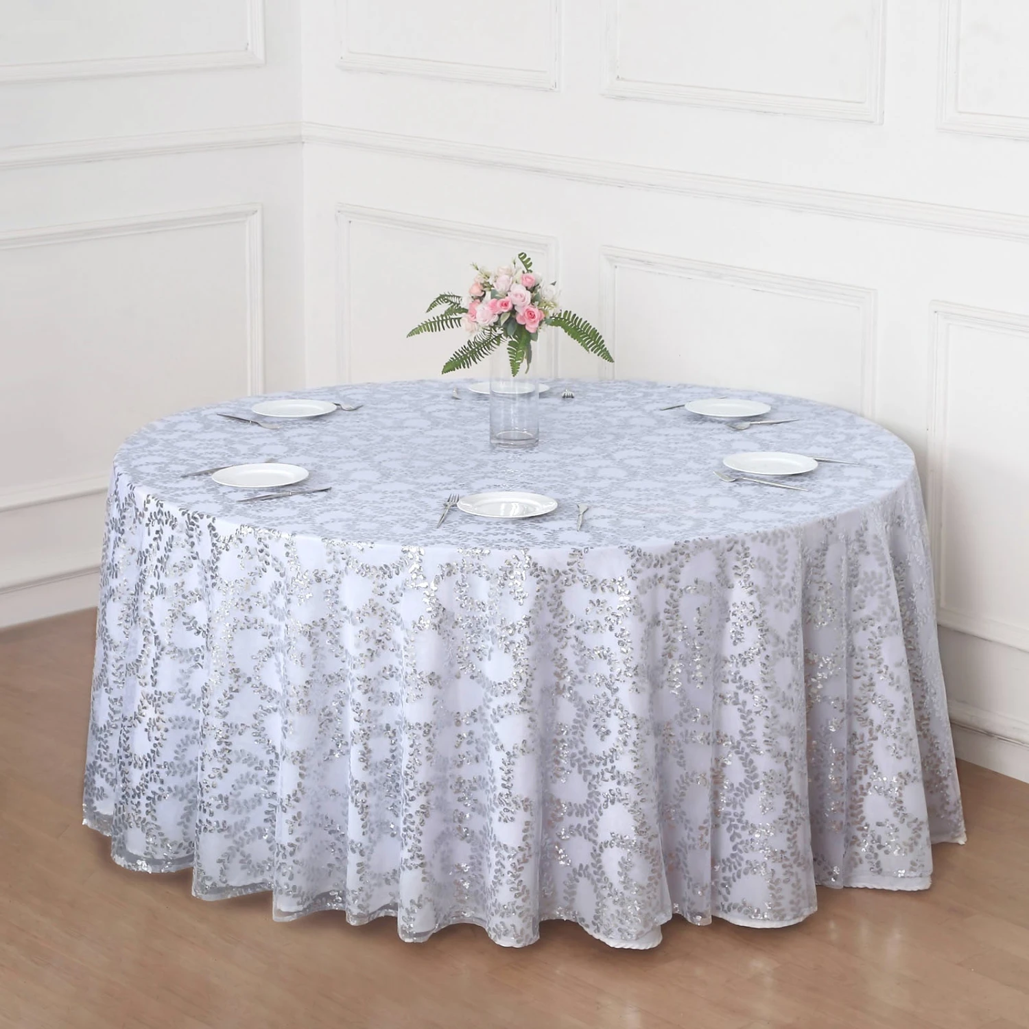120" Sequin Leaf Embroidered Seamless Tulle Round Tablecloth, Sheer Table Overlay 15 120" Sequin Leaf Embroidered Seamless Tulle Round Tablecloth, Sheer Table Overlay - Image 15