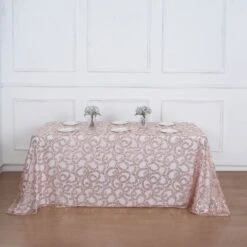90"x156" Sequin Leaf Embroidered Tulle Rectangular Tablecloth -Home Decor Promotional Store TAB 02 FLOR 90156 054 D02