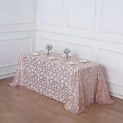 90"x156" Sequin Leaf Embroidered Tulle Rectangular Tablecloth -Home Decor Promotional Store TAB 02 FLOR 90156 054 02