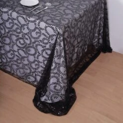 90"x156" Sequin Leaf Embroidered Tulle Rectangular Tablecloth -Home Decor Promotional Store TAB 02 FLOR 90156 BLK D03