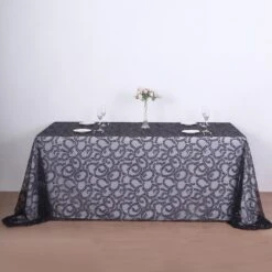 90"x156" Sequin Leaf Embroidered Tulle Rectangular Tablecloth -Home Decor Promotional Store TAB 02 FLOR 90156 BLK 01