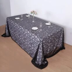 90"x156" Sequin Leaf Embroidered Tulle Rectangular Tablecloth -Home Decor Promotional Store TAB 02 FLOR 90156 BLK 02