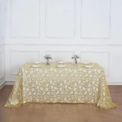 90"x156" Sequin Leaf Embroidered Tulle Rectangular Tablecloth -Home Decor Promotional Store TAB 02 FLOR 90156 GOLD D02