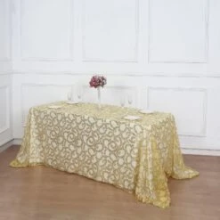 90"x156" Sequin Leaf Embroidered Tulle Rectangular Tablecloth -Home Decor Promotional Store TAB 02 FLOR 90156 GOLD D03