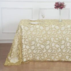 90"x156" Sequin Leaf Embroidered Tulle Rectangular Tablecloth -Home Decor Promotional Store TAB 02 FLOR 90156 GOLD D04