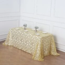 90"x156" Sequin Leaf Embroidered Tulle Rectangular Tablecloth -Home Decor Promotional Store TAB 02 FLOR 90156 GOLD 02
