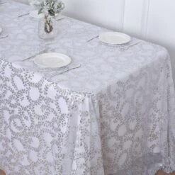 90"x156" Sequin Leaf Embroidered Tulle Rectangular Tablecloth -Home Decor Promotional Store TAB 02 FLOR 90156 SILV D01
