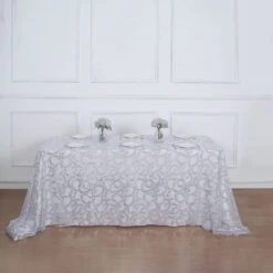 90"x156" Sequin Leaf Embroidered Tulle Rectangular Tablecloth -Home Decor Promotional Store TAB 02 FLOR 90156 SILV D02