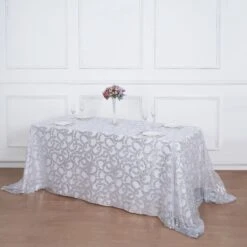 90"x156" Sequin Leaf Embroidered Tulle Rectangular Tablecloth -Home Decor Promotional Store TAB 02 FLOR 90156 SILV D03