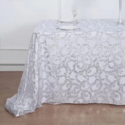 90"x156" Sequin Leaf Embroidered Tulle Rectangular Tablecloth -Home Decor Promotional Store TAB 02 FLOR 90156 SILV D04
