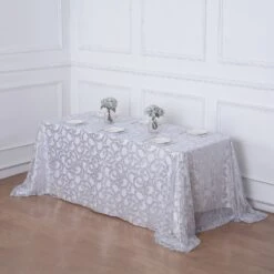 90"x156" Sequin Leaf Embroidered Tulle Rectangular Tablecloth -Home Decor Promotional Store TAB 02 FLOR 90156 SILV 02