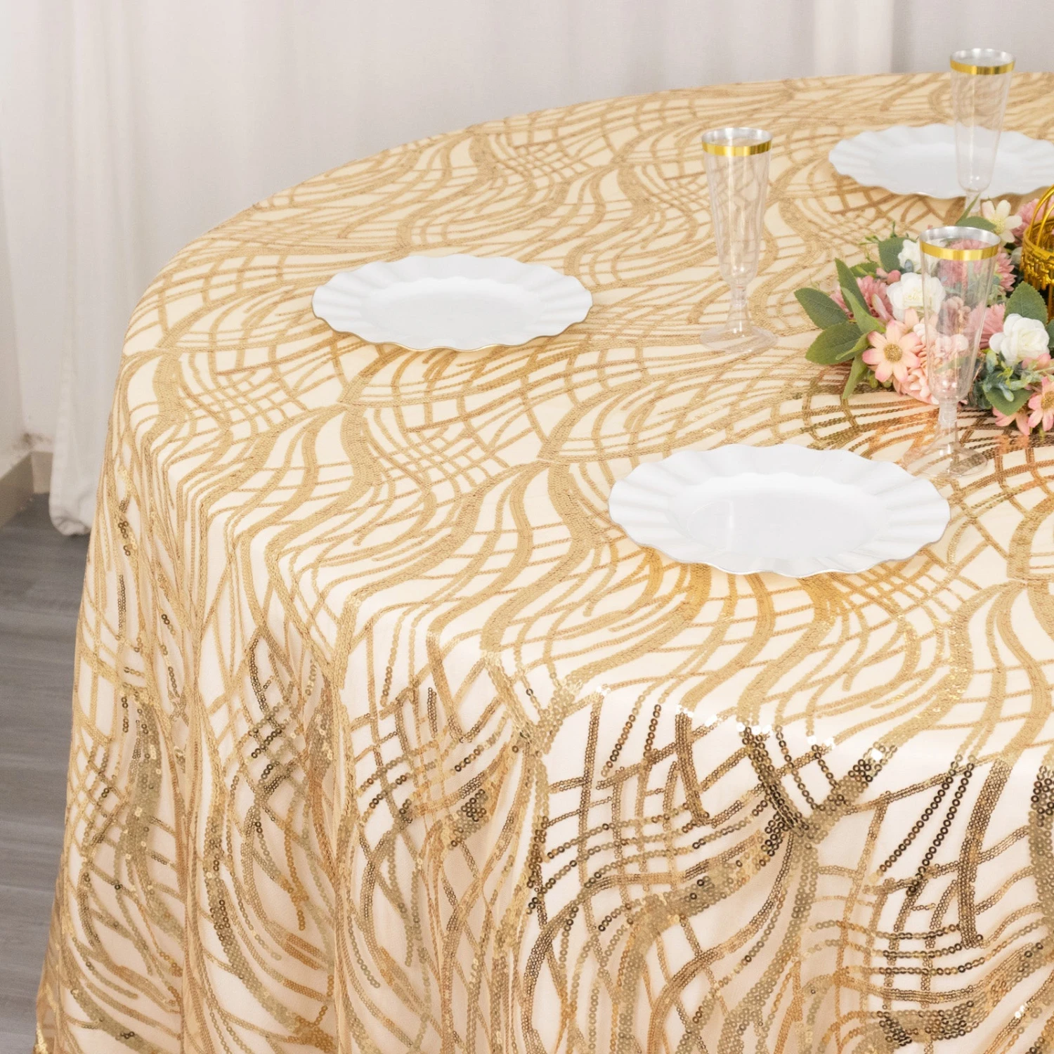 Wave Mesh Round Tablecloth With Embroidered Sequins 120" 15 Wave Mesh Round Tablecloth With Embroidered Sequins 120" - Image 15